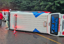 Two paramedics from KwaZulu-Natal escaped with their lives after the ambulance they were travelling in en route to an accident scene crashed on Sunday during a storm
