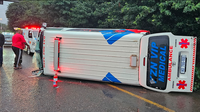 Two paramedics from KwaZulu-Natal escaped with their lives after the ambulance they were travelling in en route to an accident scene crashed on Sunday during a storm